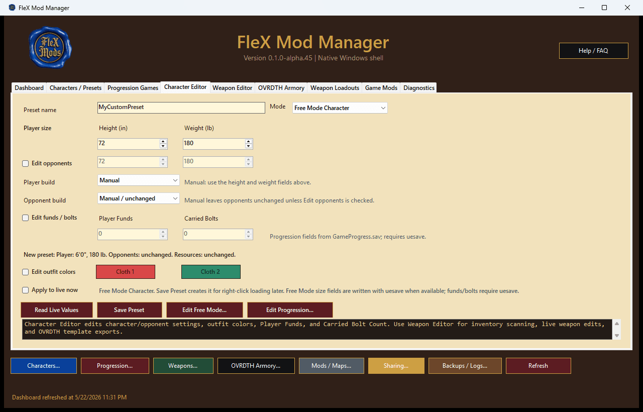 Flex Mod Manager interface showing the Character Editor tab, main controls, bottom action buttons, and status line.